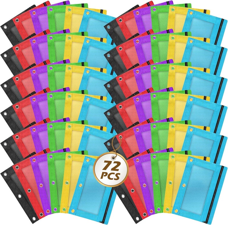 PaLeyFer Pencil Pouch for 3 Ring Binder, 72 Piece Bulk 3 Holes Zipper Pencil Pouches in 6 Assorted Colors, Clear Durable Pencil Case for School, Classroom, Office Supplies - Image 1
